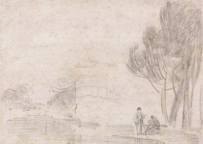 Verwoeste tempel van Minerva, twee figuren aan de rivier door Richard Wilson